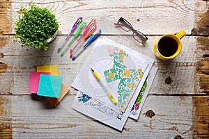 Adult coloring books, stress relieving trend, mindfulness concept