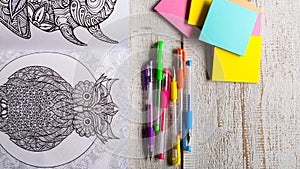 Adult coloring books, stress relieving trend, mindfulness concept