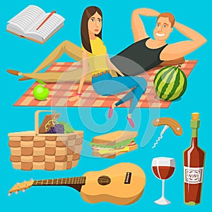 Adult couple on picnic plaid barbecue outdoor icons romantic summer picnic food vector illustration.