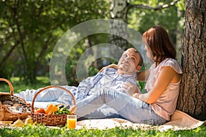 Adult couple picnicking in the summer park