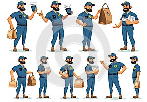 An adult courier in a blue uniform in various poses and types