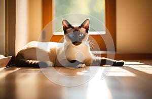 An adult, cute Siamese cat with blue eyes, lies on the floor next to the window on a sunny day