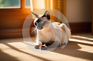 An adult, cute Siamese cat with blue eyes, lies on the floor next to the window on a sunny day