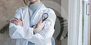 Adult doctor or surgeon in a classroom, ready to instruct. Healthcare and medical concept.