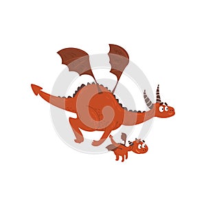 Adult dragon and small baby dragon flying, mother and her child, family of mythical animals cartoon characters vector