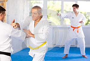 Adult and elderly men training karate fight