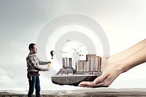 Adult engineer man. Mixed media . Mixed media