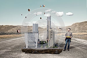 Adult engineer man. Mixed media . Mixed media