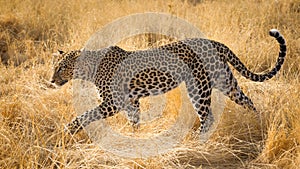 Adult female leopard walking through yellow dry grass in Samburu Kenya