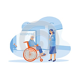 Adult female patient sitting in a wheelchair. A young doctor helps examine patients in the hospital. Elderly patient concept.