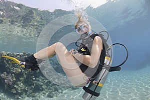 Adult Female scuba diver in bikini