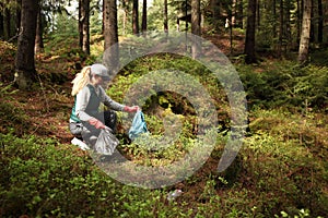 Adult female volunteer cleans garbage and plastic that pollutes environment in forest