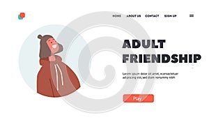 Adult Friendship Landing Page Template. Happy Smiling Millenial Woman Wear Hoodie, Human Relations, Bonds and Friends