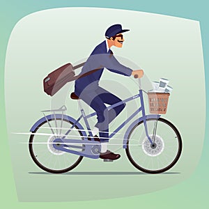 Adult funny postman rides on bicycle