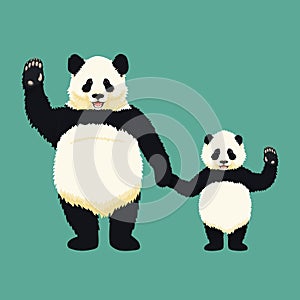 Adult giant panda and baby panda standing holding hands and waving. Chinese bear family. Mother or father and child.