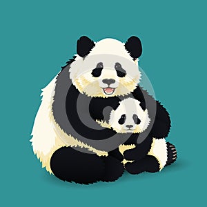 Adult giant panda embracing baby panda. Chinese bear family. Mother or father and child.