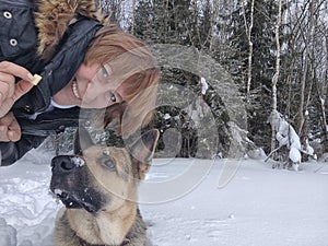 Adult girl with shepherd dog taking selfies in a winter forest. Middle aged woman and big shepherd dog on nature in cold