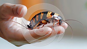 Adult Hand holding a Madagascar hissing cockroach. Gentle interaction with nature. Concept of exotic pets, entomology