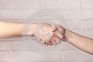 an adult hand shakes a child& x27;s hand on a light background