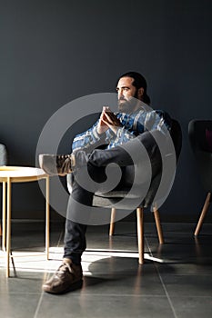 Adult handsome man relaxed. Concentration concept. Modern casual professional