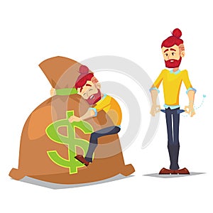 Adult Hipster characters in casual clothes. Cartoon set of young guy with pockets turned outward, having no money and big bag sack