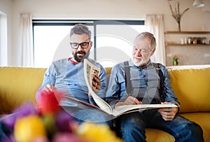 An adult hipster son and senior father sitting on sofa indoors at home.