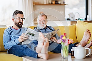 An adult hipster son and senior father sitting on sofa indoors at home, talking.