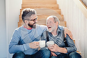 An adult hipster son and senior father sitting on stairs indoors at home, talking.