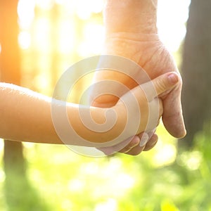 Adult holding a child's hand, close-up hands