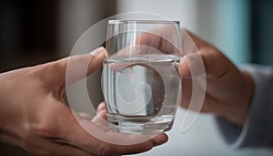 Adult holding glass of purified water for healthcare and freshness generated by AI