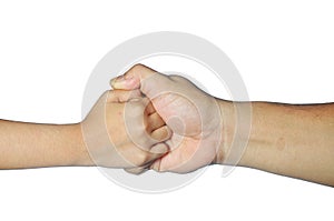 Adult and kid hands hold each other fingers firmly isolated on w
