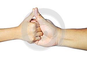 Adult and kid hands hold each other with thumbs up isolated on w