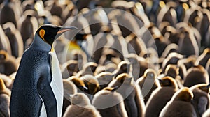 adult king penguin (aptenodytes patagonicus) standing amongst a large group. AI Generative