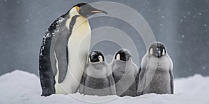 Adult King Penguin And Tiny Penguin Chicks On A Hill