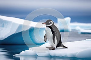 an adult lone penguin on a drifting ice floe, the far north, an iceberg in the ocean, the kingdom of ice and