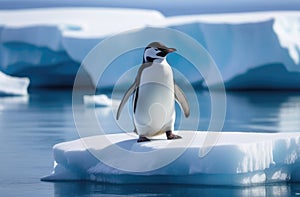 an adult lone penguin on a drifting ice floe, the far north, an iceberg in the ocean, the kingdom of ice and