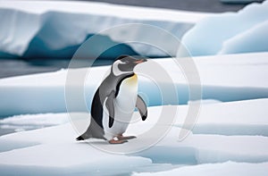 adult lone penguin on a drifting ice floe, iceberg in the ocean, kingdom of ice and snow, far north, snowy