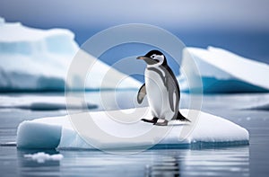 adult lone penguin on a drifting ice floe, iceberg in the ocean, kingdom of ice and snow, snowy coast, far