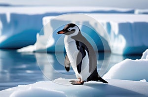 adult lone penguin on an ice floe, iceberg in the ocean, kingdom of ice and snow, snowy coast, far north