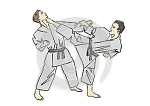 Adult male athletes in kimono. Black contour, isolated colors.