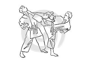 Adult male athletes in kimono. Martial arts.