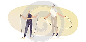 Adult Male and Female Characters in Sportswear Exercising with Jump Rope. Sports Recreation, Outdoor or Active Sparetime