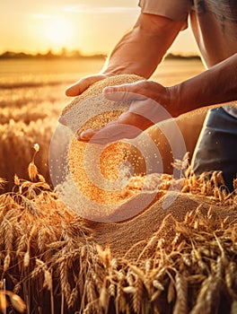 Adult male hands holding the grains of wheat. Ripe wheat in the farmland around. Sunset backdrop. Generative AI