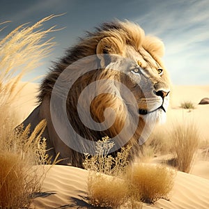 An adult male lion in the African savana