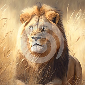 Adult male lion in the savana