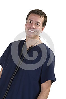 Adult male in scrubs over white background