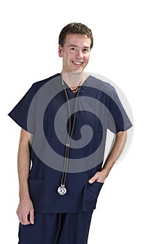 Adult male in scrubs over white background