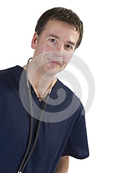 Adult male in scrubs over white background