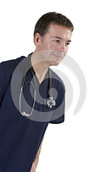 Adult male in scrubs over white background