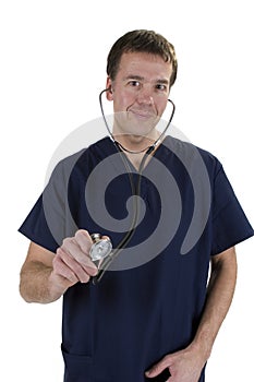 Adult male in scrubs over white background